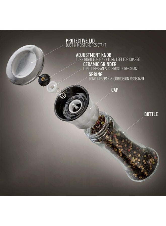 CLENEA طقم مطاحن ملح وفلفل مكون من قطعتين، مصنوع من الفولاذ المقاوم للصدأ والزجاج مع إمكانية تعديل درجة الطحن، مع علب توابل شفافة سعة 6 أونصات، للاستخدام على طاولة المطبخ، أو لتناول الطعام في المنزل، أو كهدية. - Image 5